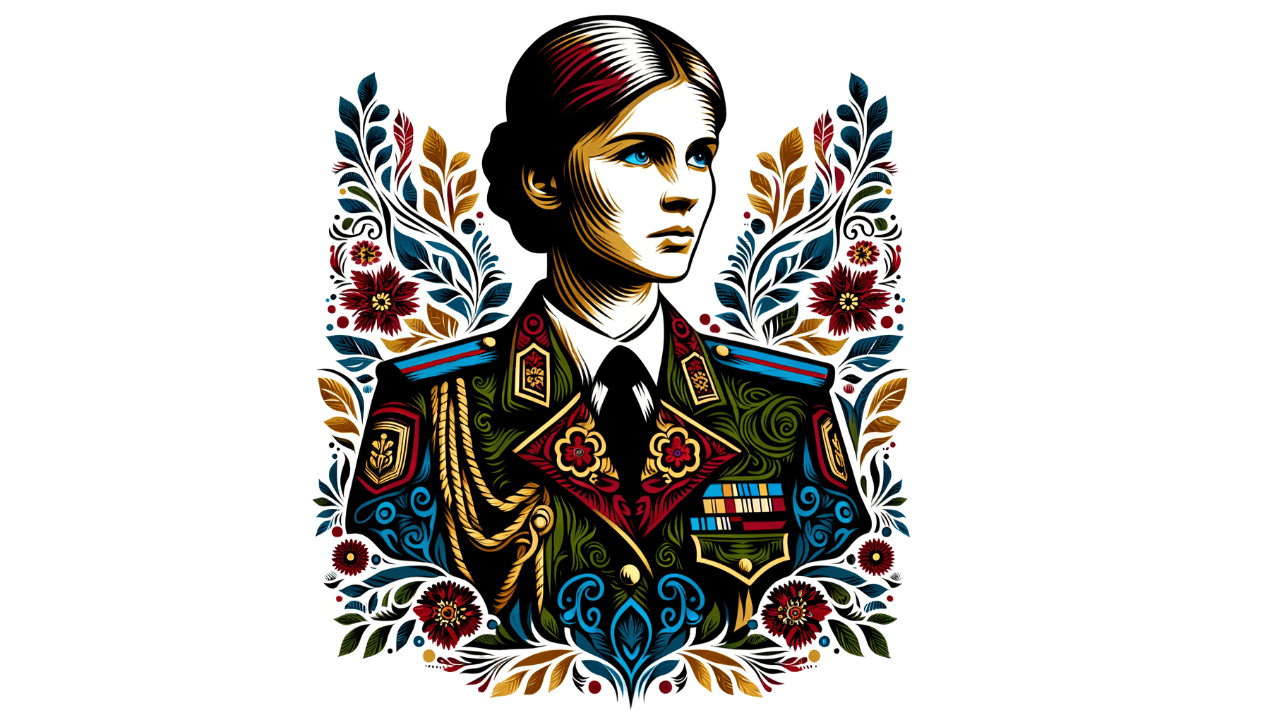 AI generated: woman in a military uniform, style Ukrainian folk art