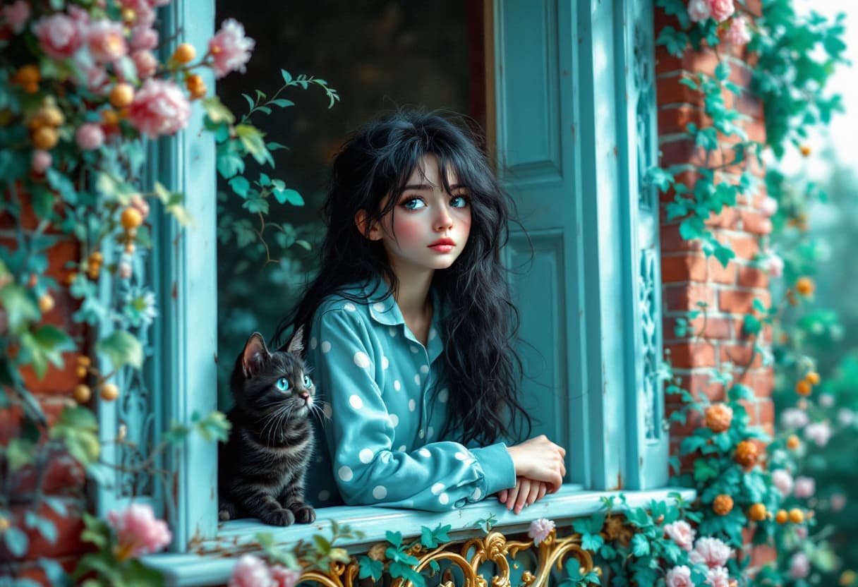 AI generated: oil painting, textured 
A girl with messy black hair and teal blue polka dot pajamas looks pensively...