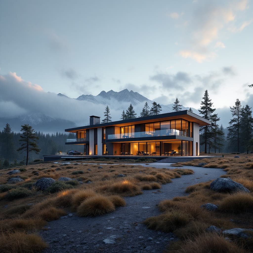 AI generated: beautiful modern house in the middle of nowhere, archdaily style, photograph shot with canon eos 5d,...