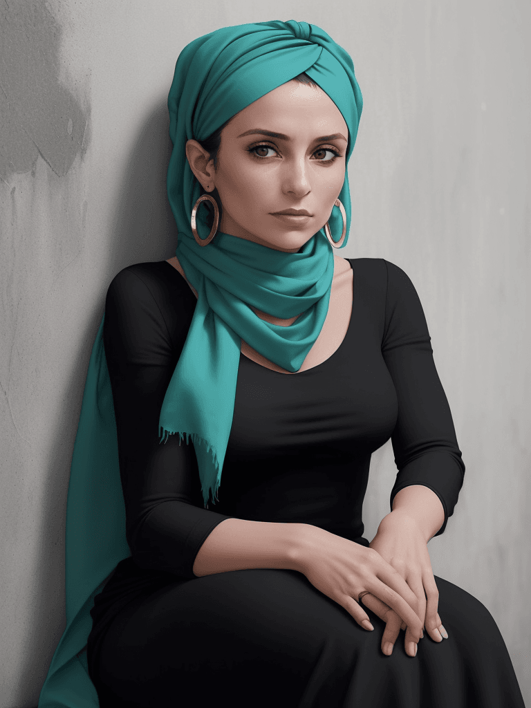 AI generated: The image features a woman wearing an tosca scarf, which is wrapped around her head. She is sitting ...