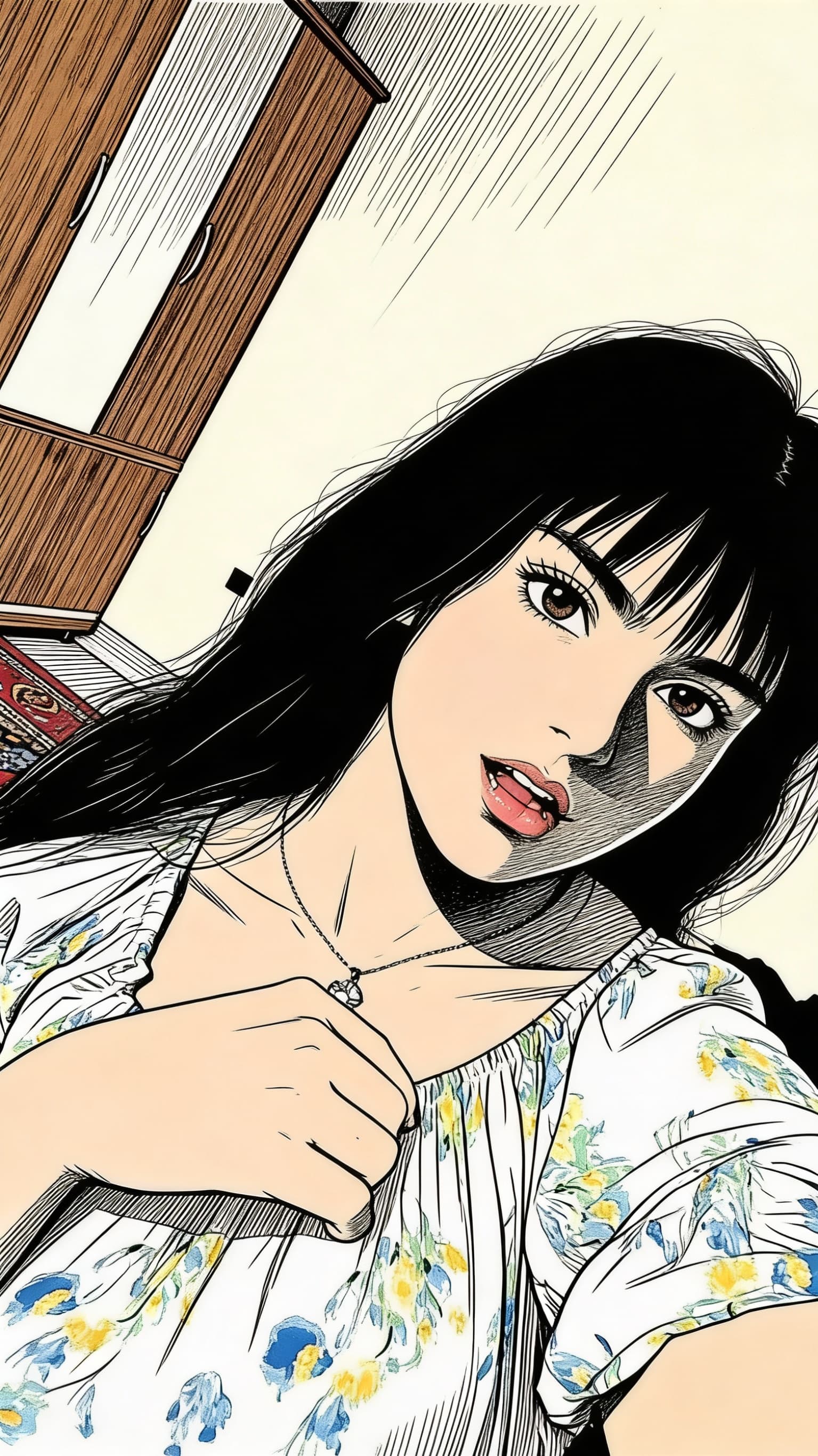 AI generated: Vintage 90s anime, Scratchy pen strokes, blind contour, perspective closeup, beautiful girl, face in...