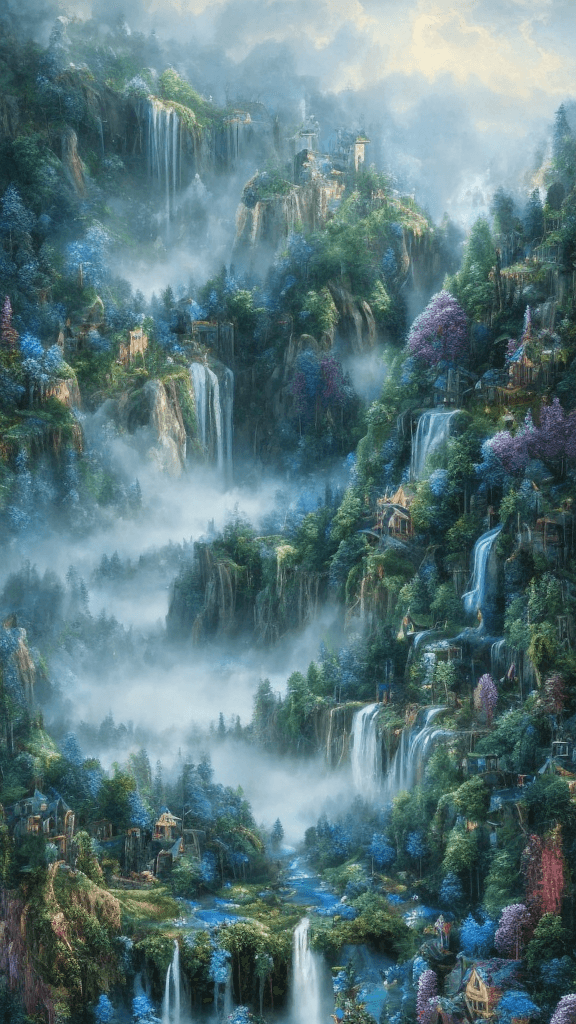 AI generated: summer landscape, blue color, Bokeh, the waterfall, fog over the lake, insanely detailed and intrica...