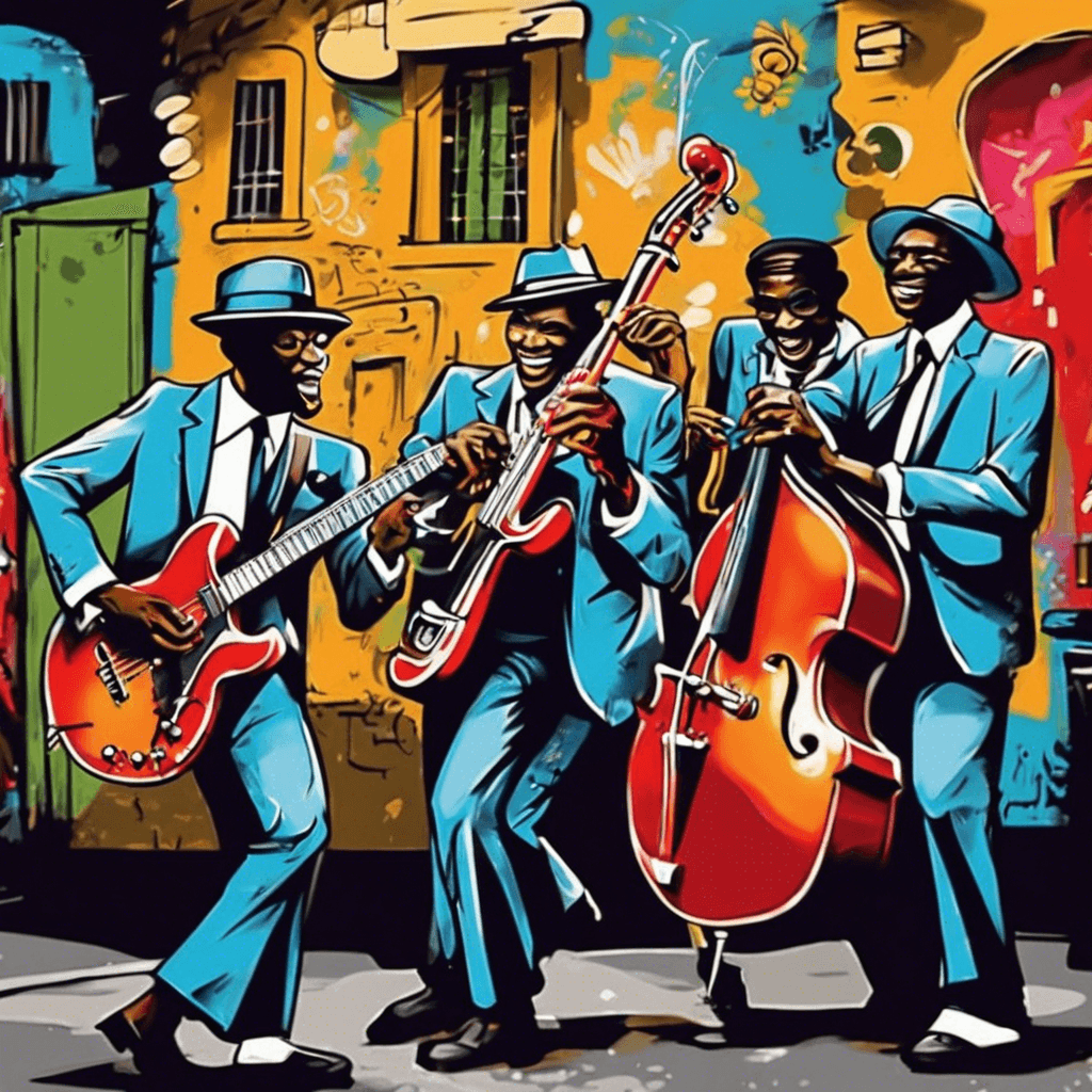 AI generated: 60s jazz band, black folk dancing in Havana night club, street art graffiti style