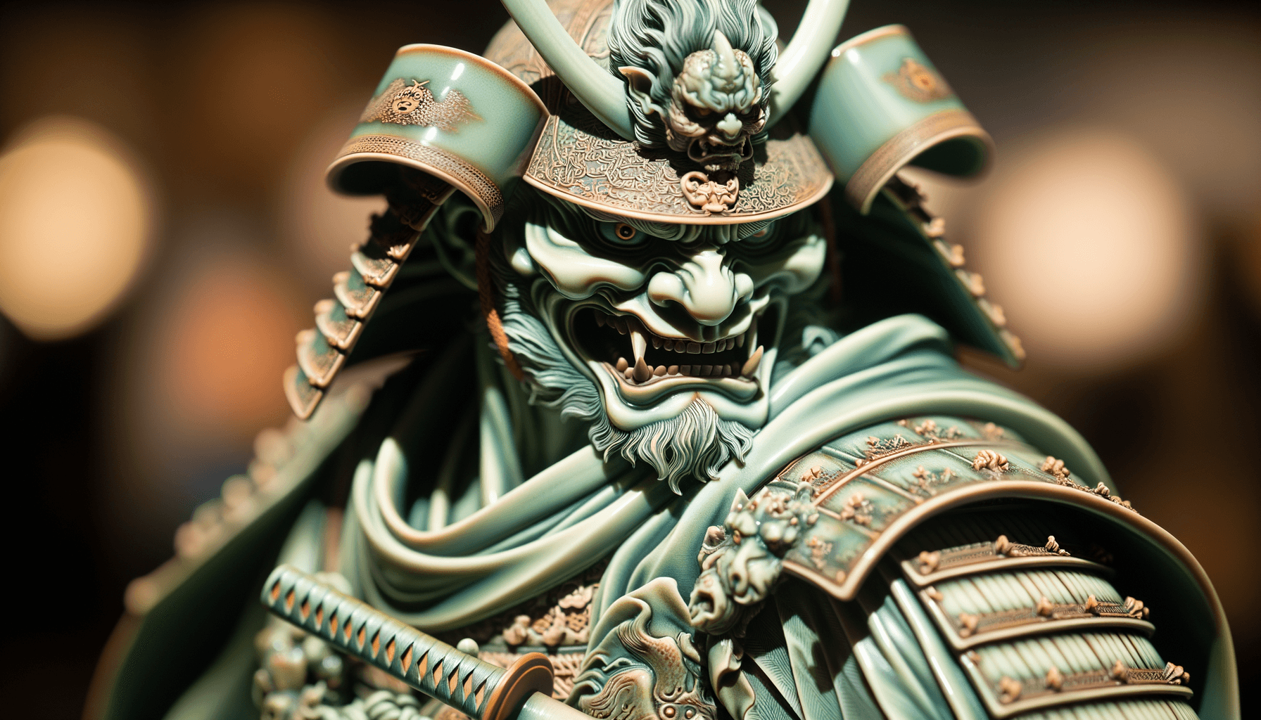 AI generated: Demon Samurai made of celadon porcelain