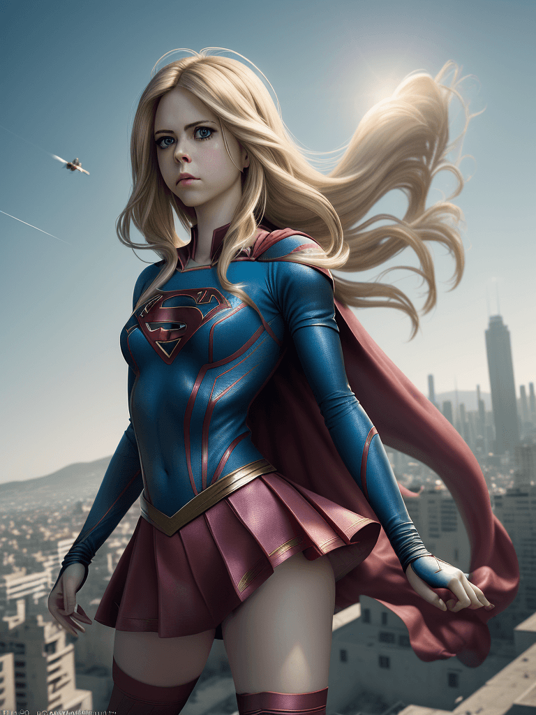 AI generated: long range photo of Avril Lavigne as Supergirl, (Flying), film still, skin tight outfit, mini skirt,...