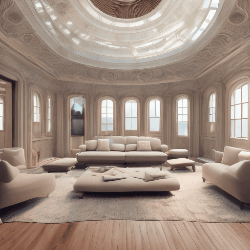 AI generated: High resolution photography interior design, dreamy sunken living room conversation pit, wooden floo...