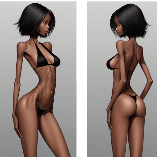 AI generated: very skinny black woman, bony and lean, with very long and slender  neck in bikini - can see the who...