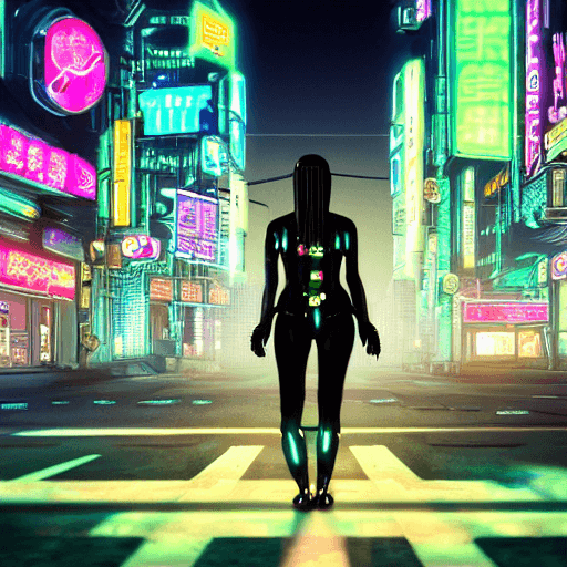 AI generated: (film stock), (extremely detailed CG unity 8k wallpaper) full body portrait of a cyberpunk woman sta...