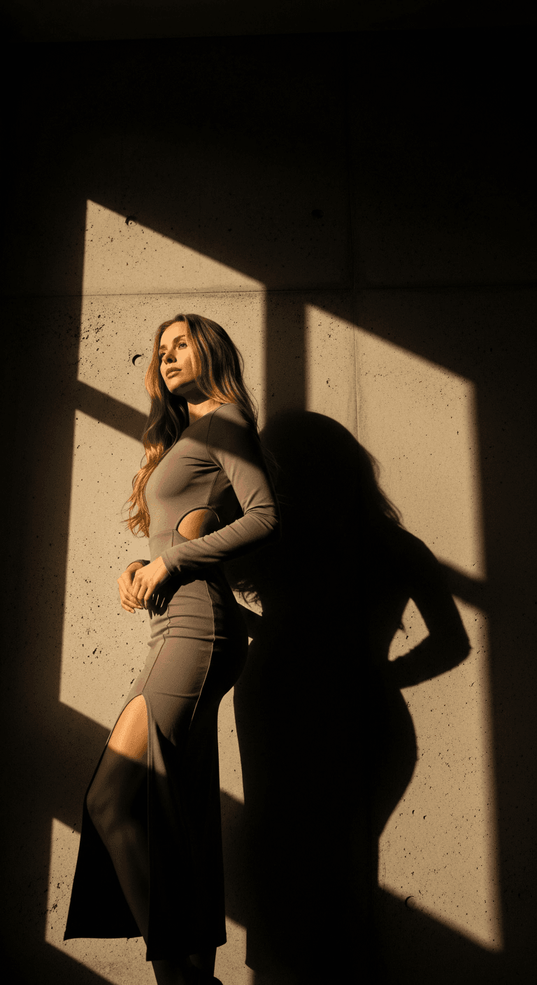 AI generated: Elegant portrait of a Swedish woman in a form-fitting taupe dress with side slit, posed against conc...
