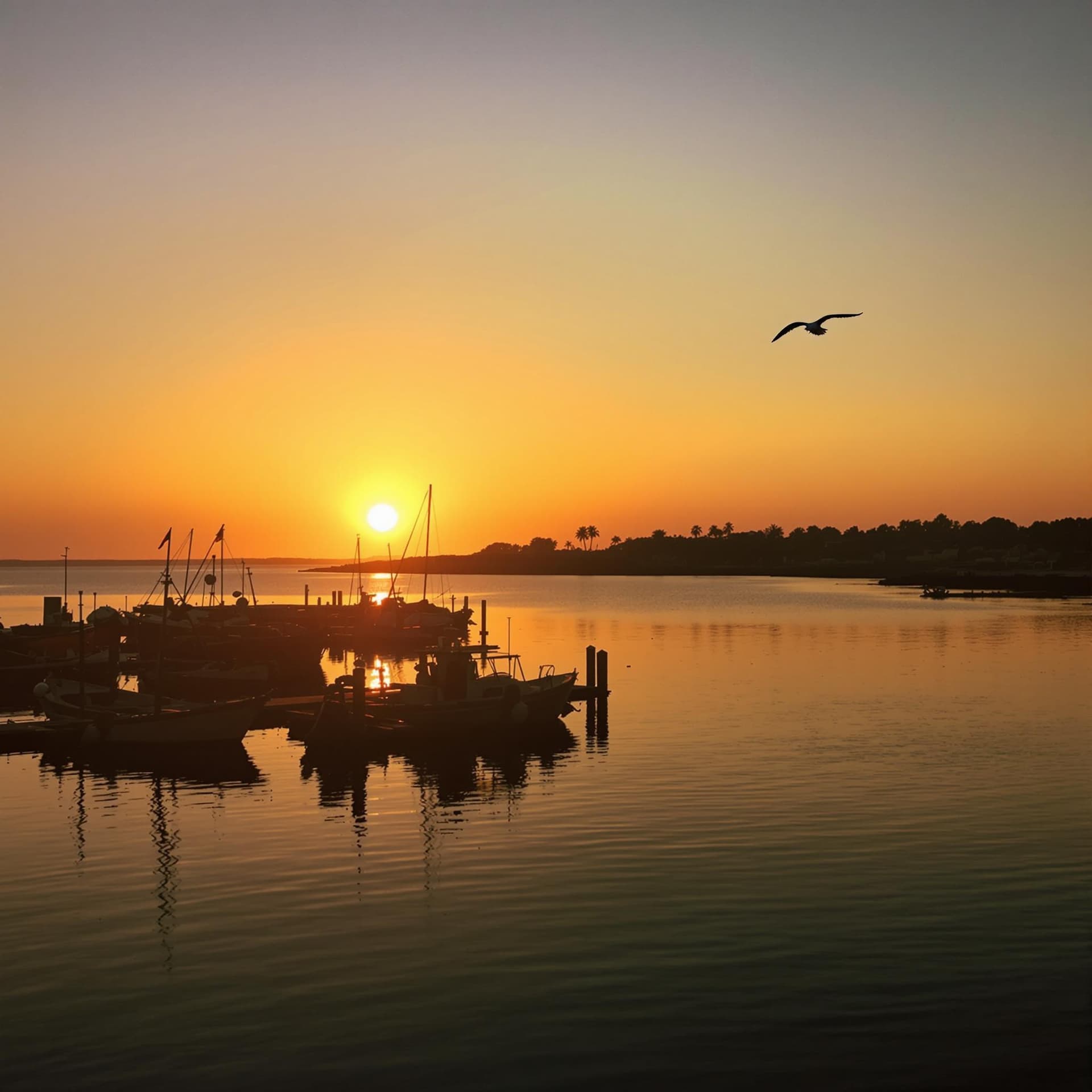 AI generated: The sun rising over a bay with fishing boats in their docks and a lone seagull flying in the distanc...