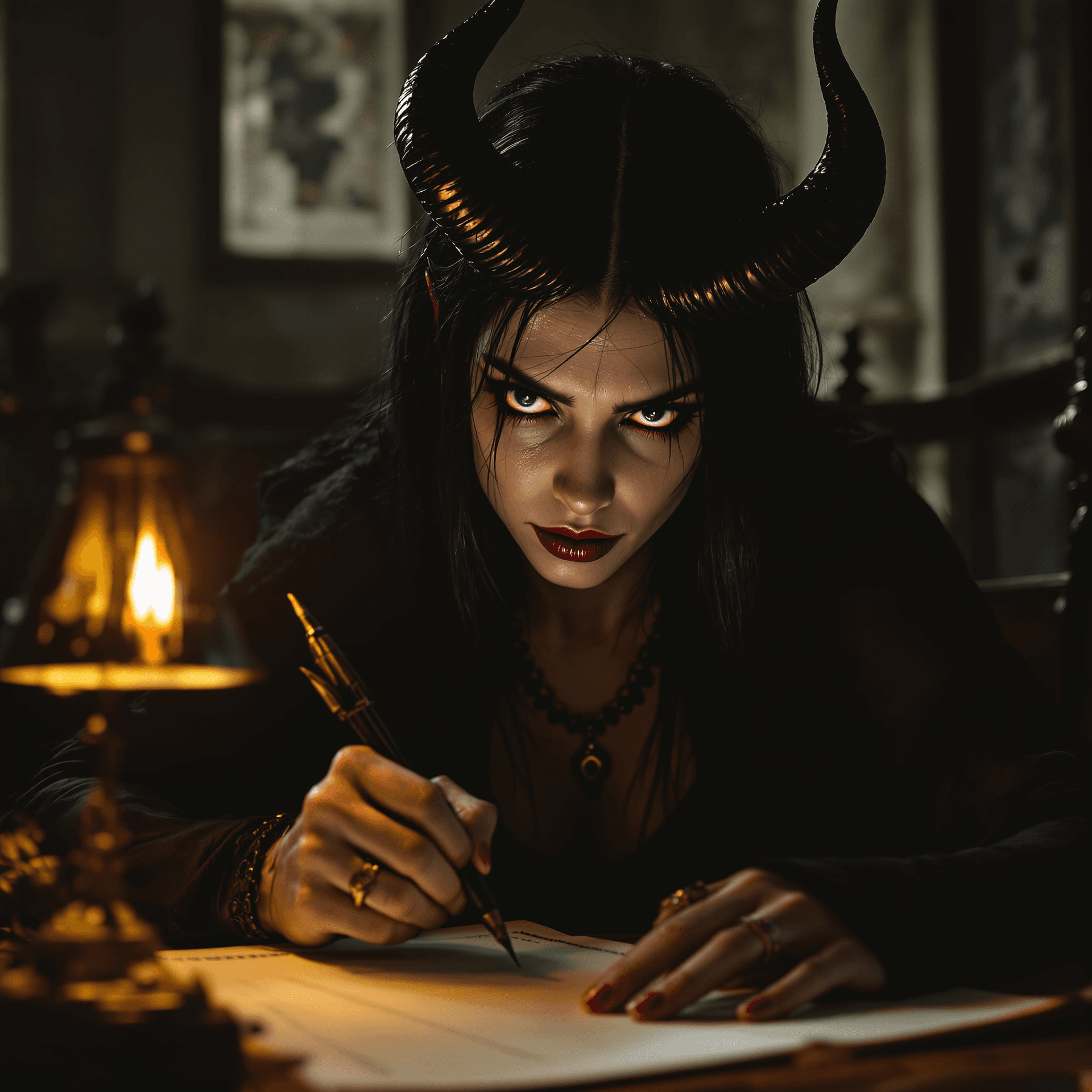 AI generated: An art portrait close-up of Lilith. She is in an old, dark church, lit only by the soft, warm light ...