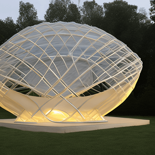 AI generated: "Behold a marvel of design—an egg-shaped tent structure that emanates a soft glow. Crafted from alum...