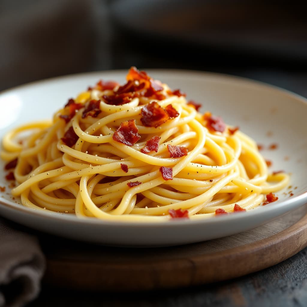 AI generated:  plate of spaghetti carbonara with bacon bits , photorealistic, in the style of high quality food ph...