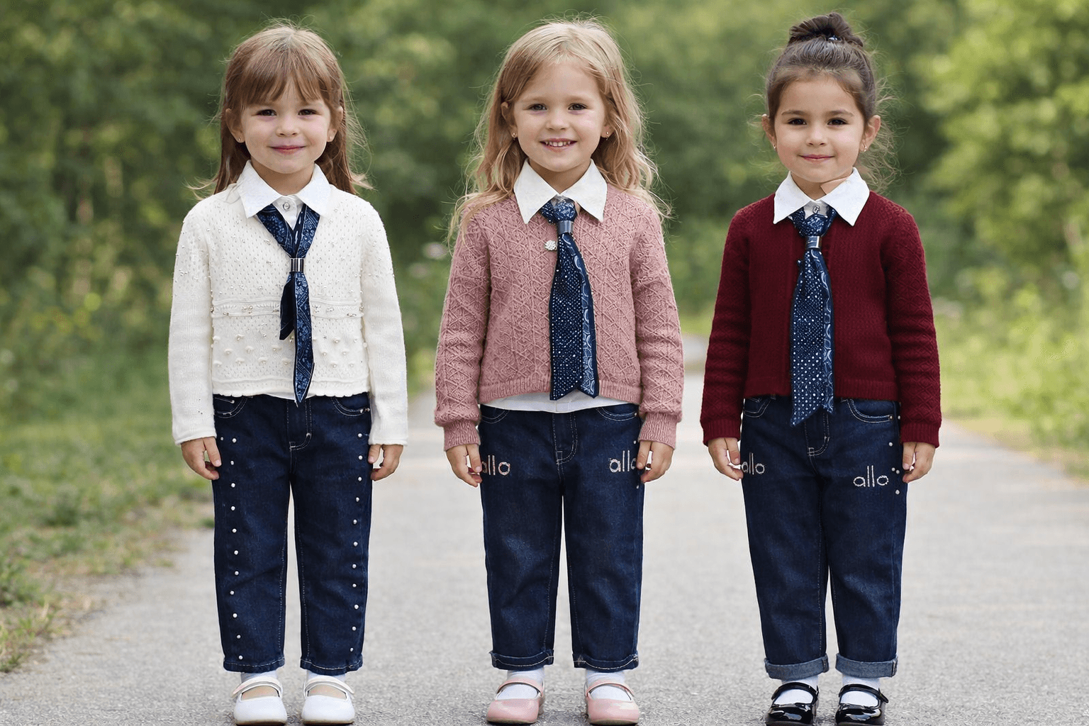 AI generated: Complete image of 3 girls from head to foot . having this clothes