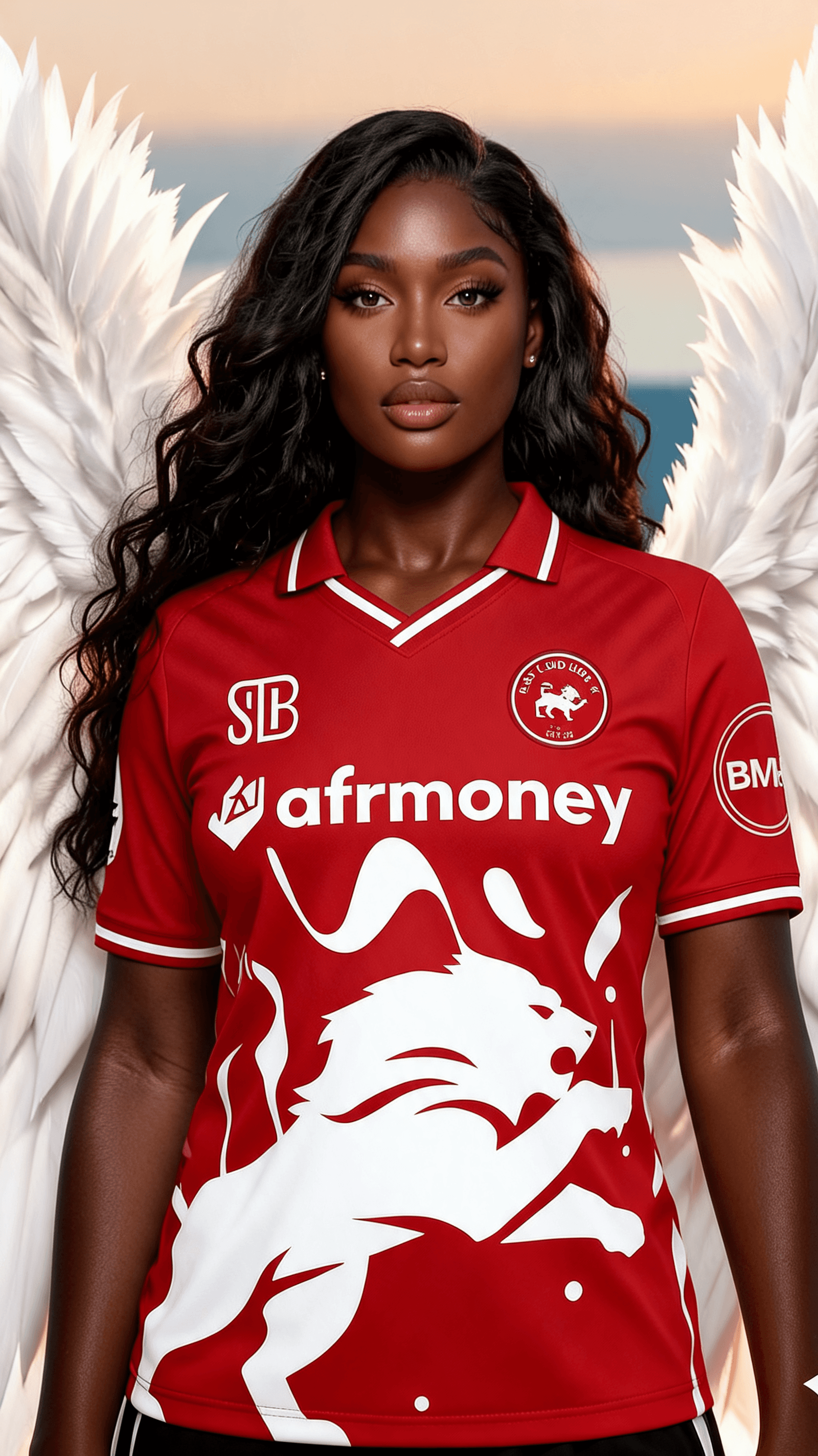 AI generated: swap the outfit of the angel with the attached red jersey. let the angel wear the jersey