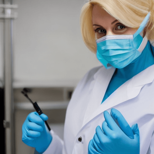 AI generated: Female blonde haired surgeon, wears a blue surgical gown, teal long latex surgical gloves, bouffant ...