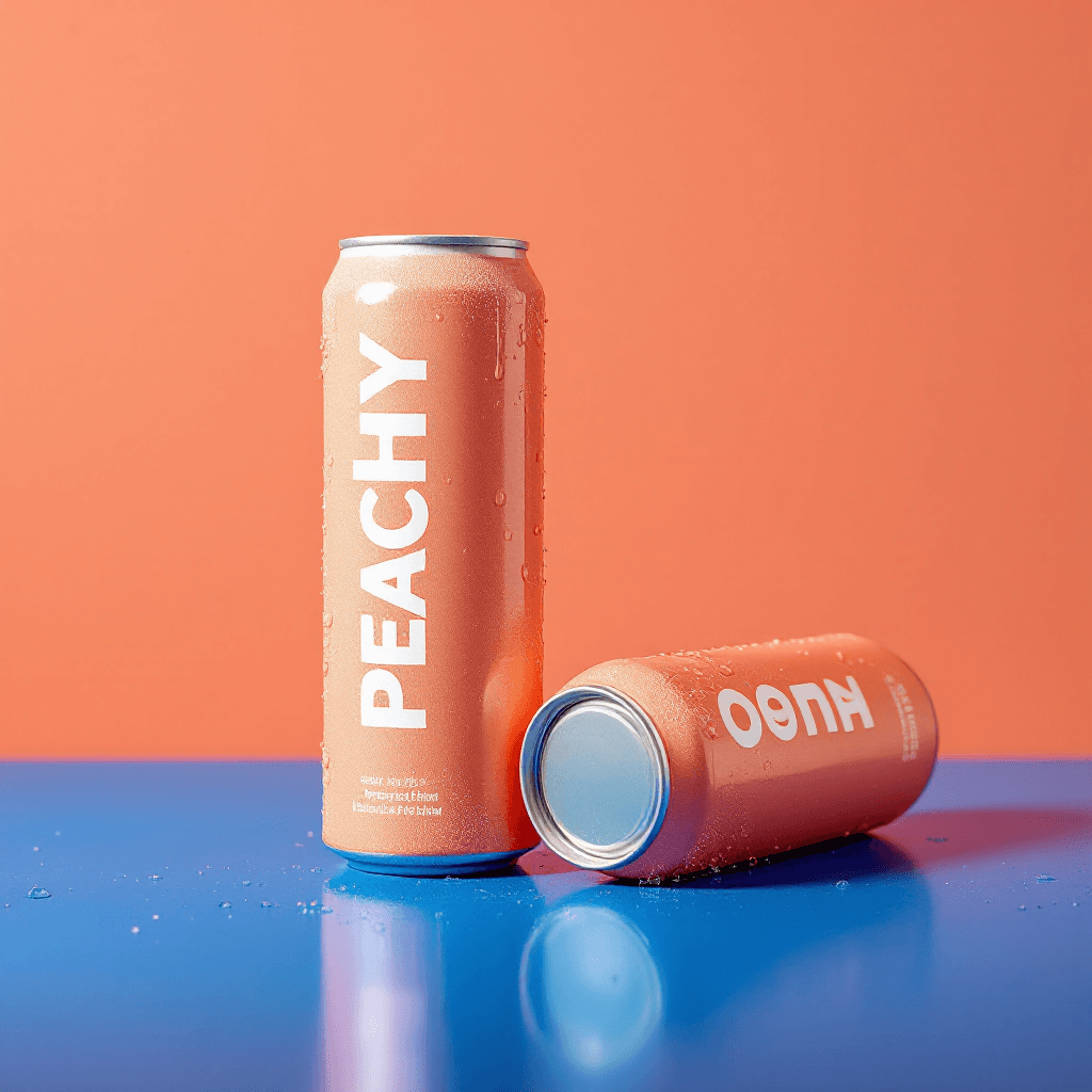 AI generated: Studio Product shot, a close up shot, 2  peach colour slim cans of soft drink , cans has PEACHY logo...
