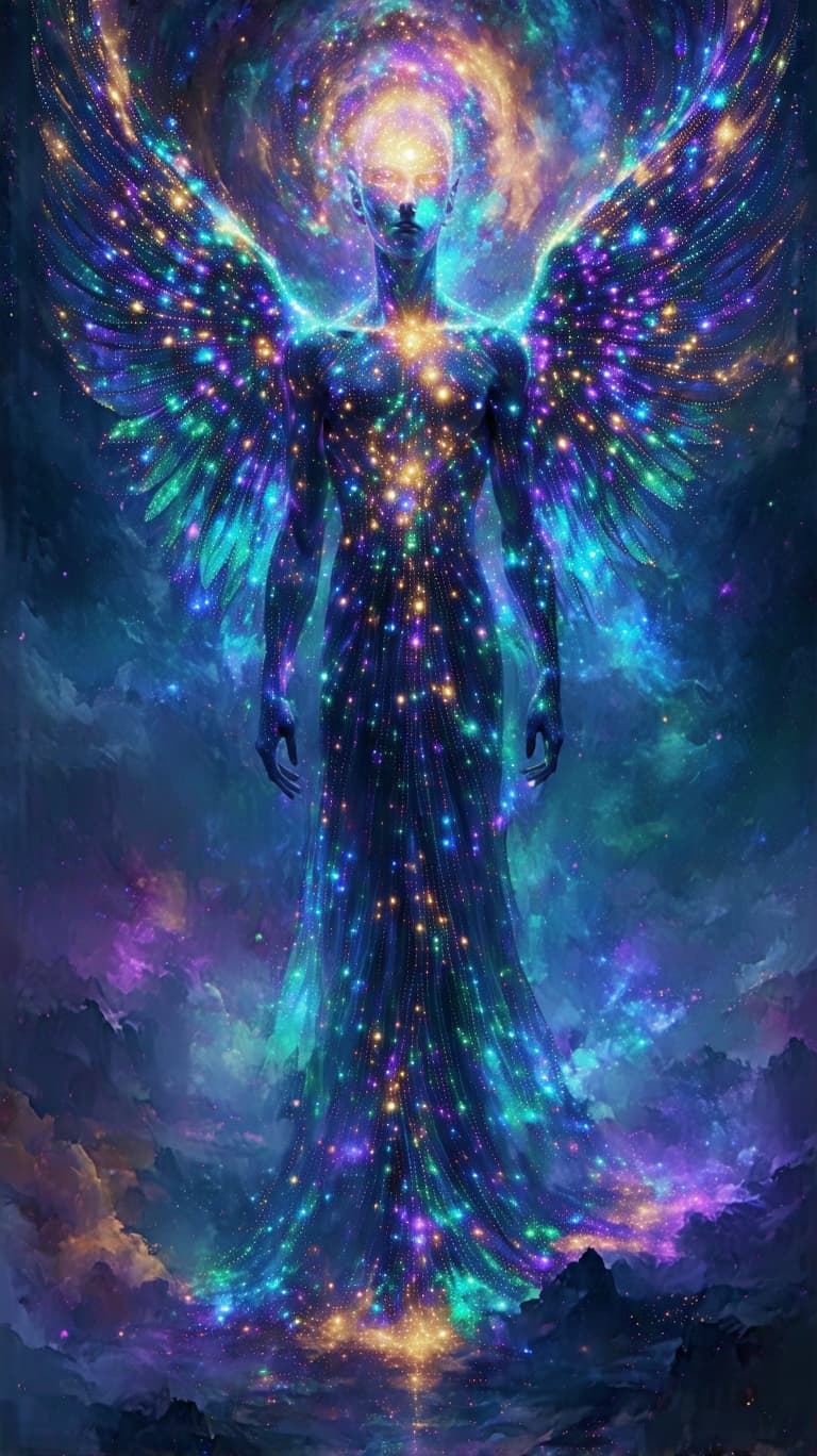 AI generated: A colossal, radiant figure emerges from a vortex of pure celestial energy, their form woven from gol...