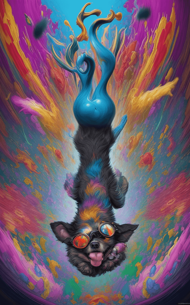 AI generated: A dog emanating an aura of confusion performs a leap, surreal painting, contorted reality, vivid col...