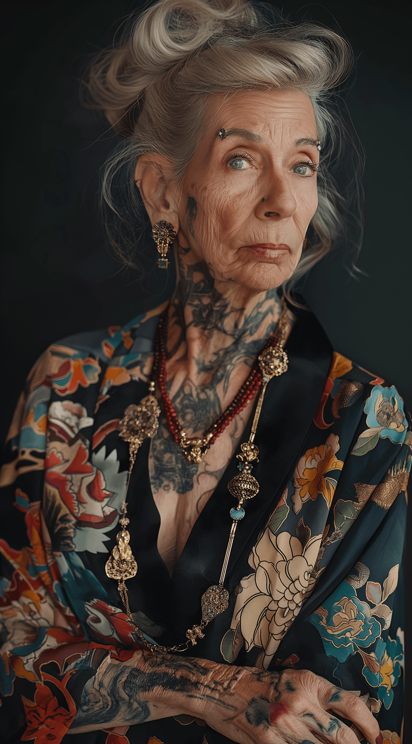 AI generated: A Caucasian older lady dressed with utaku fan clothes and with tattoos, she looks at the camera posi...