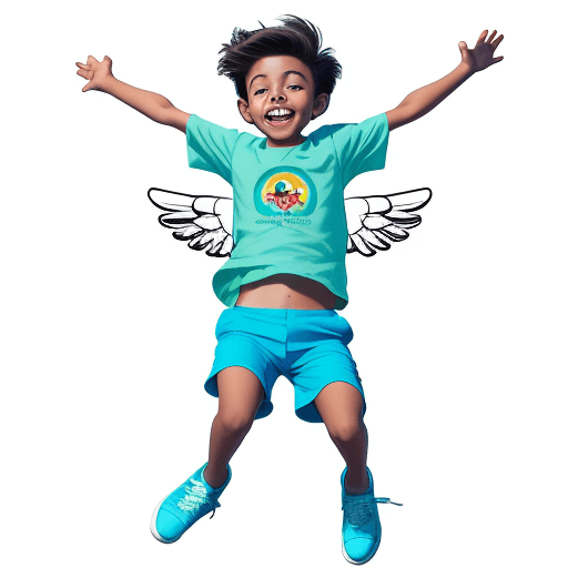 AI generated: FLY for Kids logo with a boy jumping, hands as wings, turquoise shorts