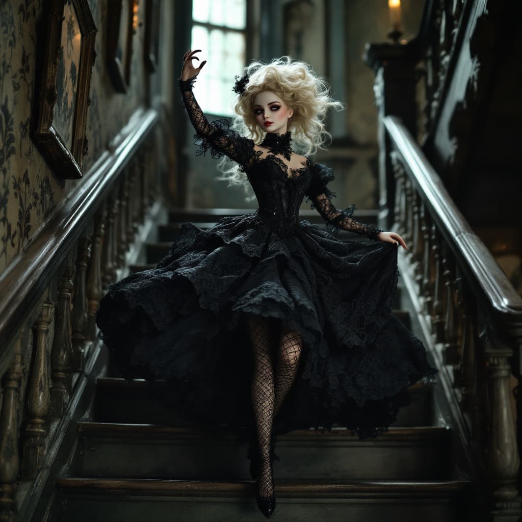 AI generated: An antique porcelain doll in a black lace dress dances on the stairs of a Gothic mansion