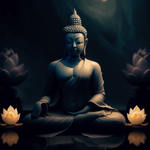 AI generated: A robed Buddha meditates in a lotus pose in a fantasy art piece by Fang Congyi. The scene is envelop...