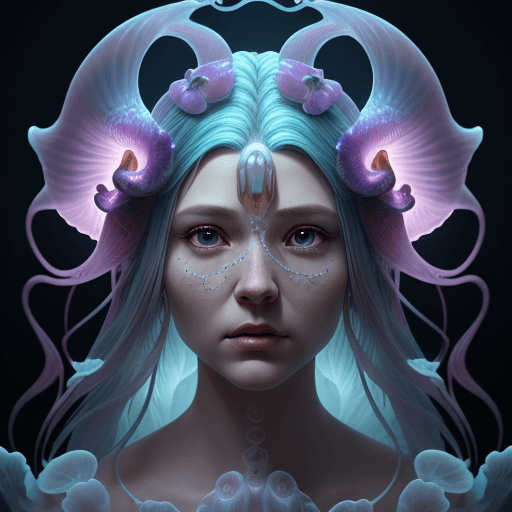 AI generated: Goddess close-up portrait ribcagel. jellyfish phoenix head, nautilus, orchid, skull, betta fish, bio...