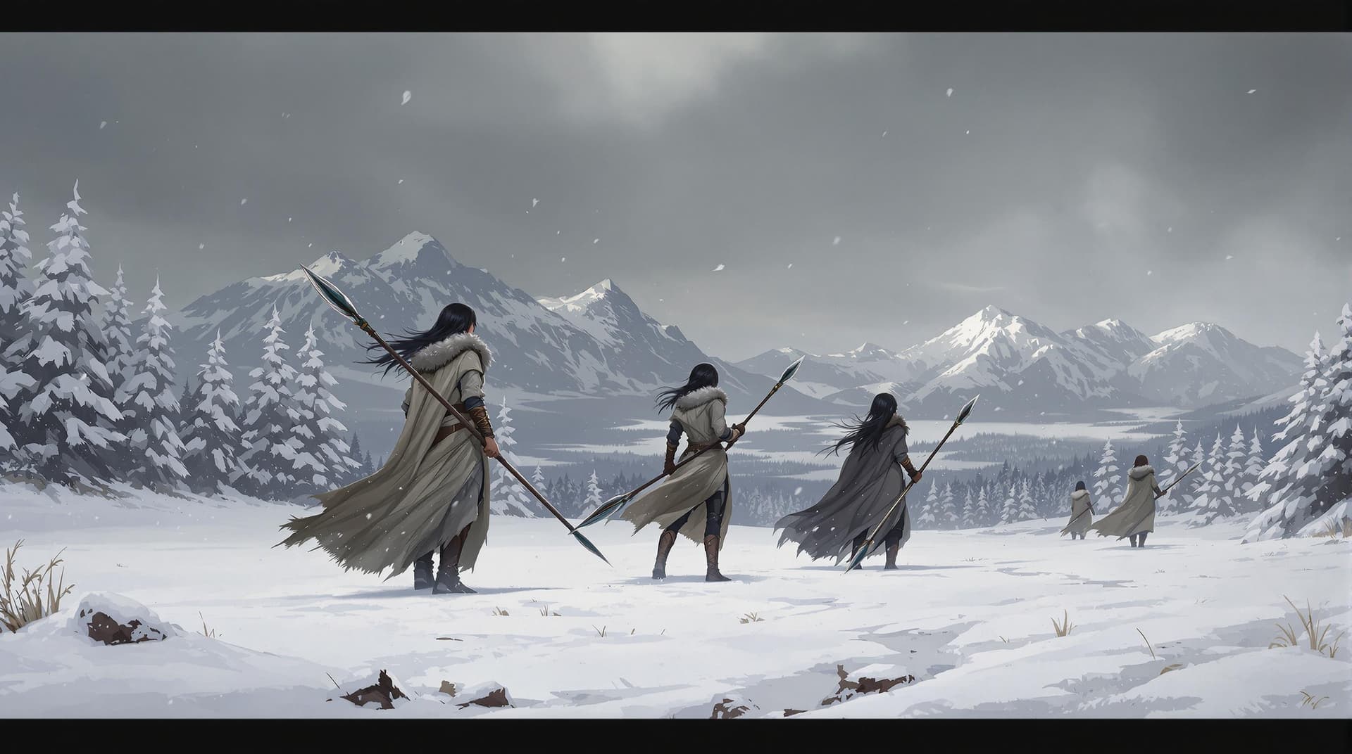 AI generated: a wide-angle, fantasy-themed painting of four female warriors set off in the distance in a snowy lan...