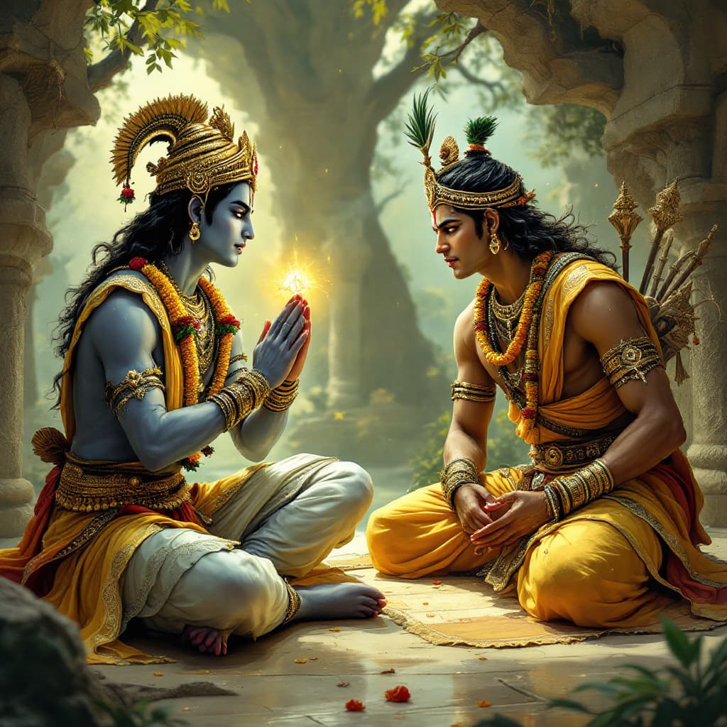 AI generated: Make a high quality image for shri krishna teaches arjuna gita lessons during mahabharata exams 
