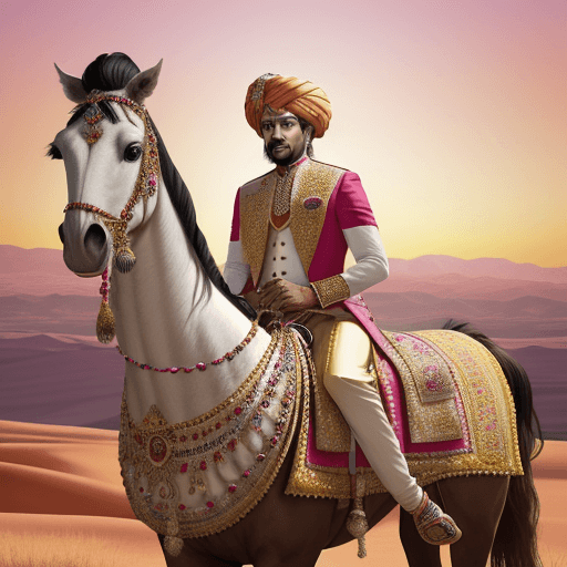 AI generated: A regal Rajasthani king poses with grace beside a magnificent steed. He is adorned in rich, traditio...