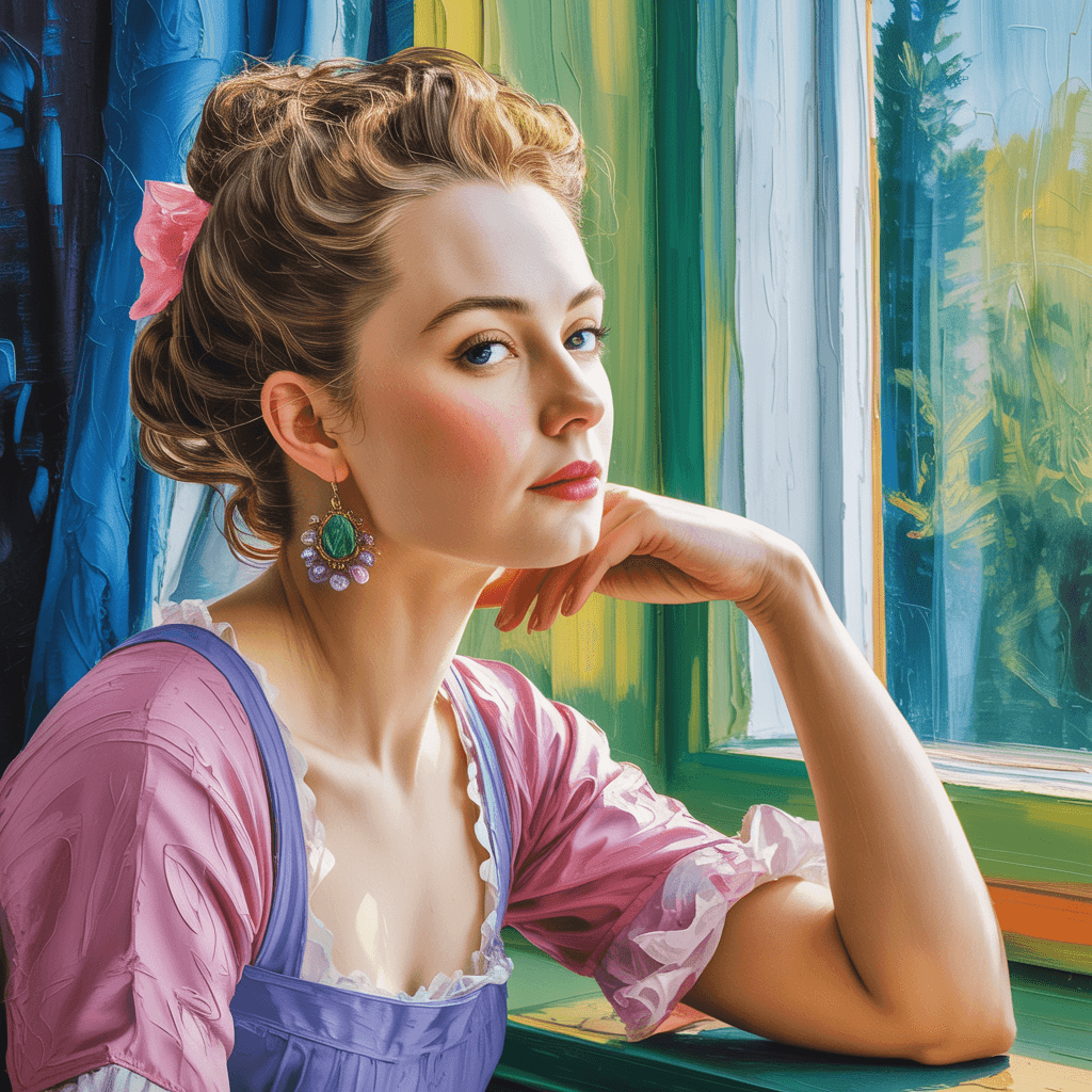 AI generated: a painting of a woman sitting near a window, in the style of beautiful women, playfully intricate, h...