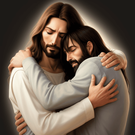AI generated: Jesus hugging man with love and man crying