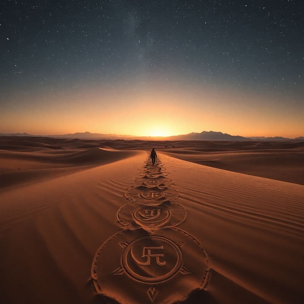 AI generated: An enigmatic desert landscape unfolds under the captivating glow of a star-studded night sky, captur...