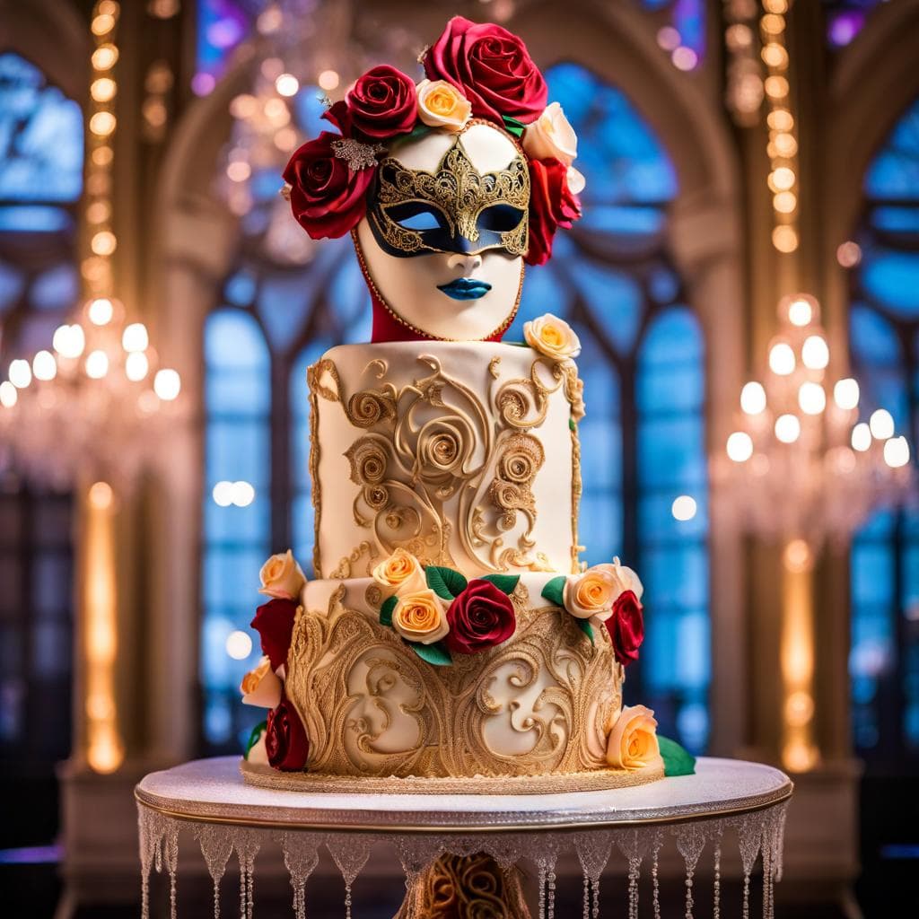 AI generated: a colossal 10 feet tall LeNovelle Cake inspired by a grand masquerade ball, with edible masks, intri...