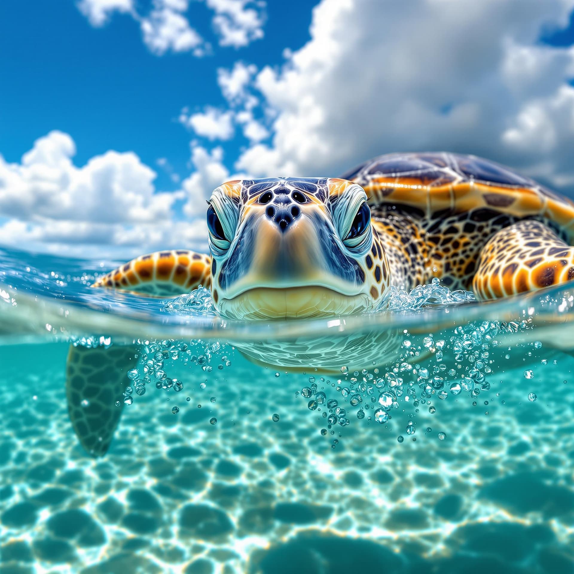 AI generated: Capture the breathtaking moment of a sea turtle's head just breaking the surface of the ocean on a s...