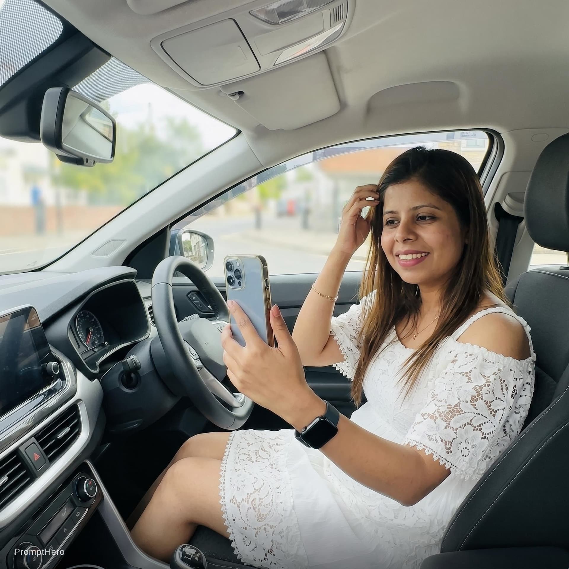 AI generated: this woman, but inside the car in the driver's seat, recording herself in selfie mode