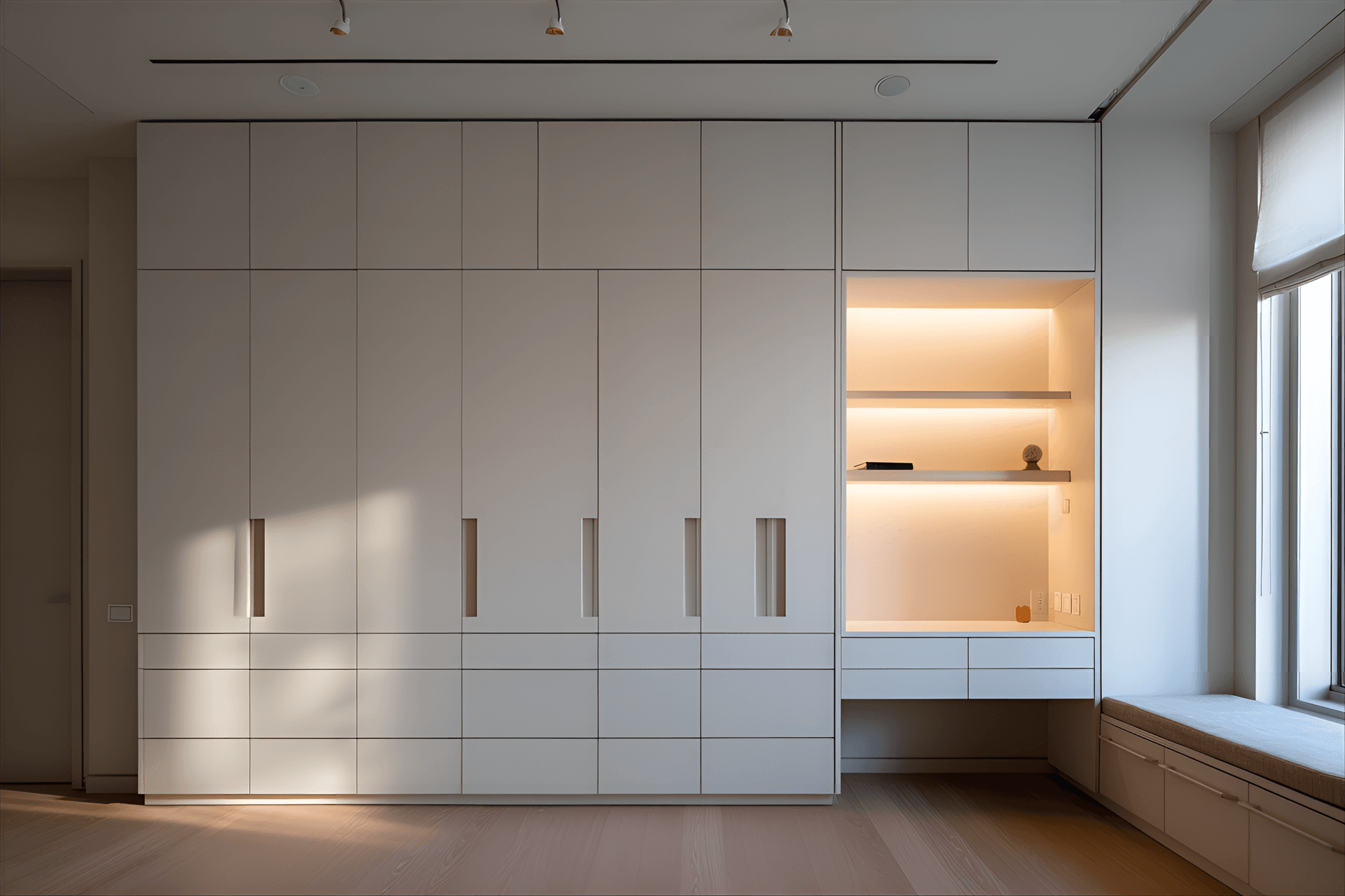 AI generated: photography, a minimalist space focused on functionality, with hidden storage, sleek lines, and a ne...