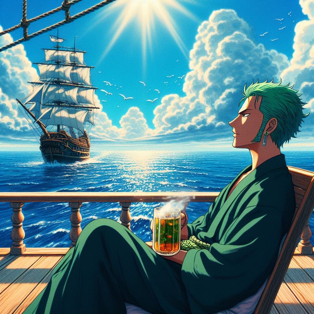 AI generated: Genera una imagen detallada y colorida al estilo Studio Ghibli que muestre a Zoro relajándose en la ...