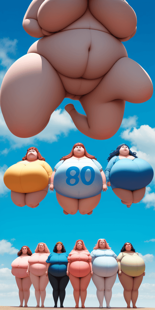 AI generated: 8 obese women under a blue sky, with a separate three-dimensional text saying 80% in front of them