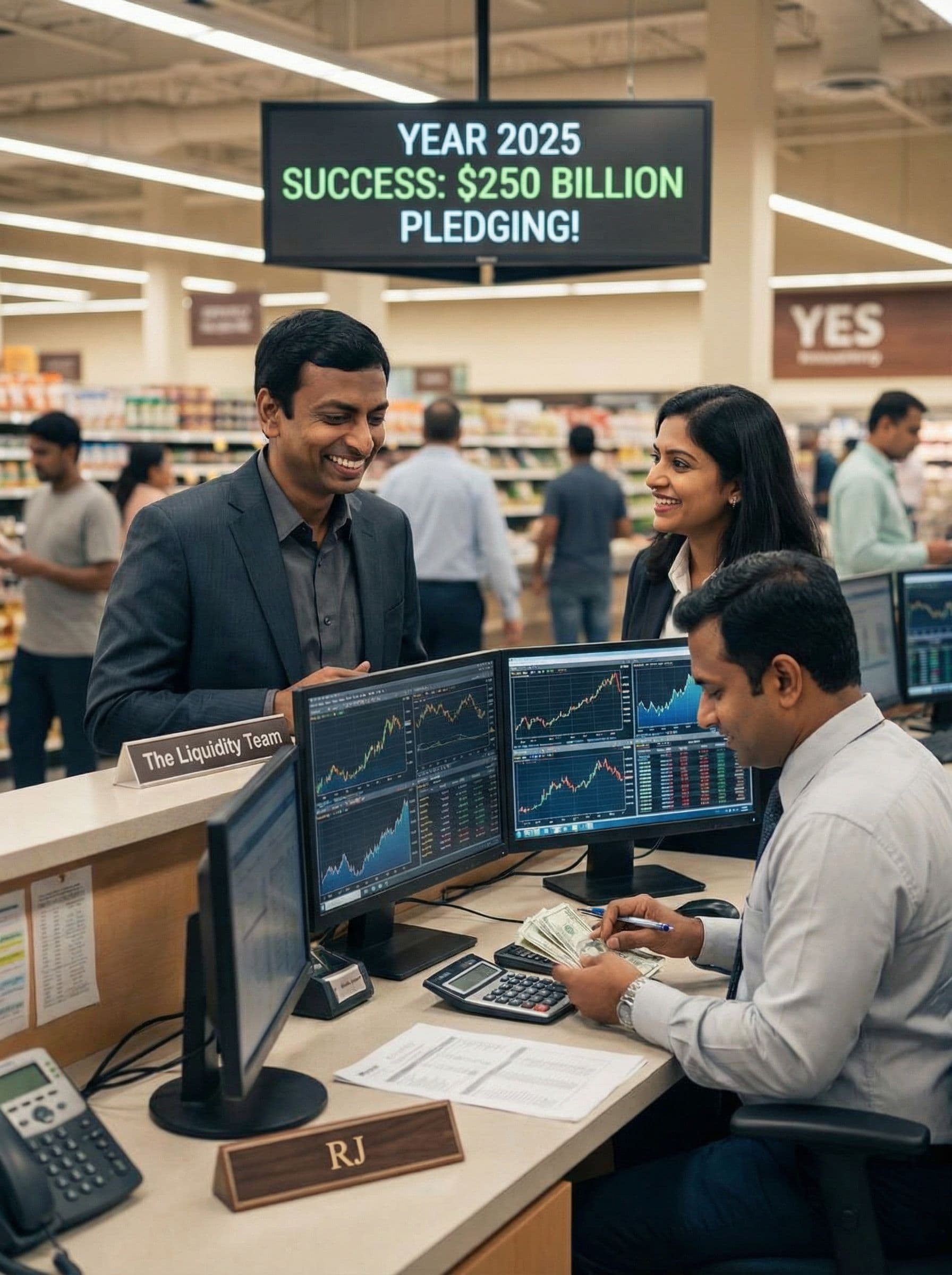 AI generated: Kaps standing at RJ's counter named as "The Liquidity Team" chatting , smiling with friendly express...