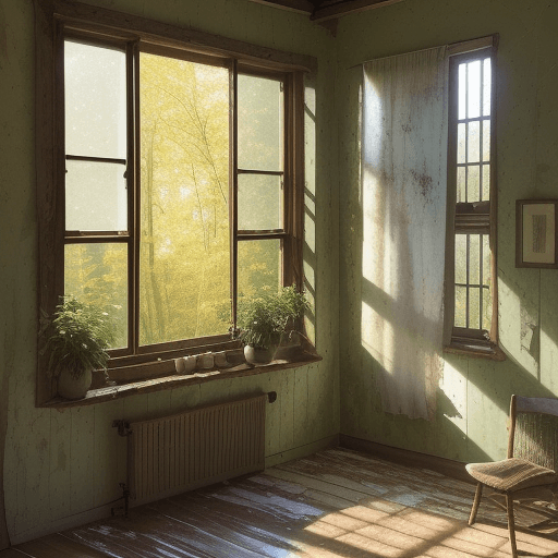 AI generated: Late summer into early autumn imagery: A rustic, spacious room bathed in the soft, warm glow of sunl...