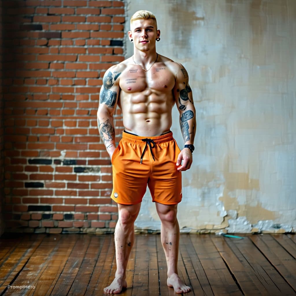 AI generated: Full body image, hyper realistic, Sexy irish jock, bodybuilder muscles, shaved blond hair, chiseled ...