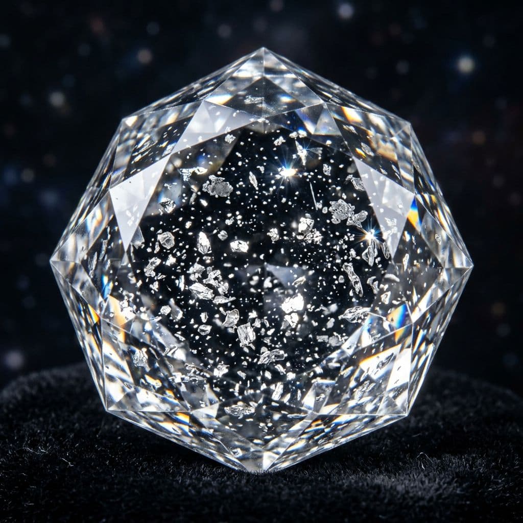 AI generated: a brilliant crystal made of diamond with shards of platinum flakes through out it like stars in the ...