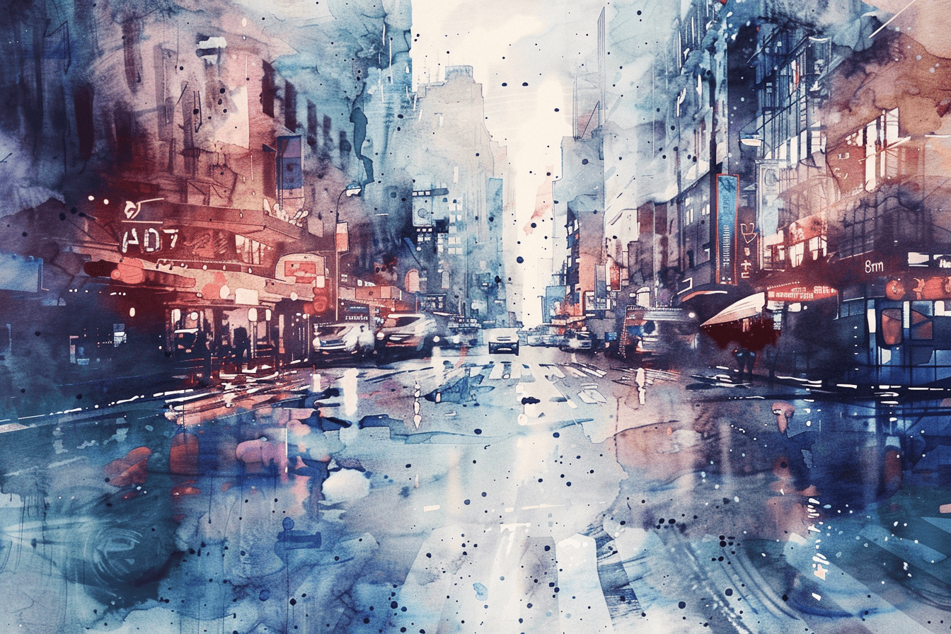 AI generated: watercolor textures to bring depth to landscapes or city scenes. --ar 3:2 --v 6.0 