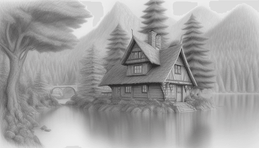 AI generated: A simple pencil sketch of a small unique Korean styled wizard's house nestled in the rear of an Euro...