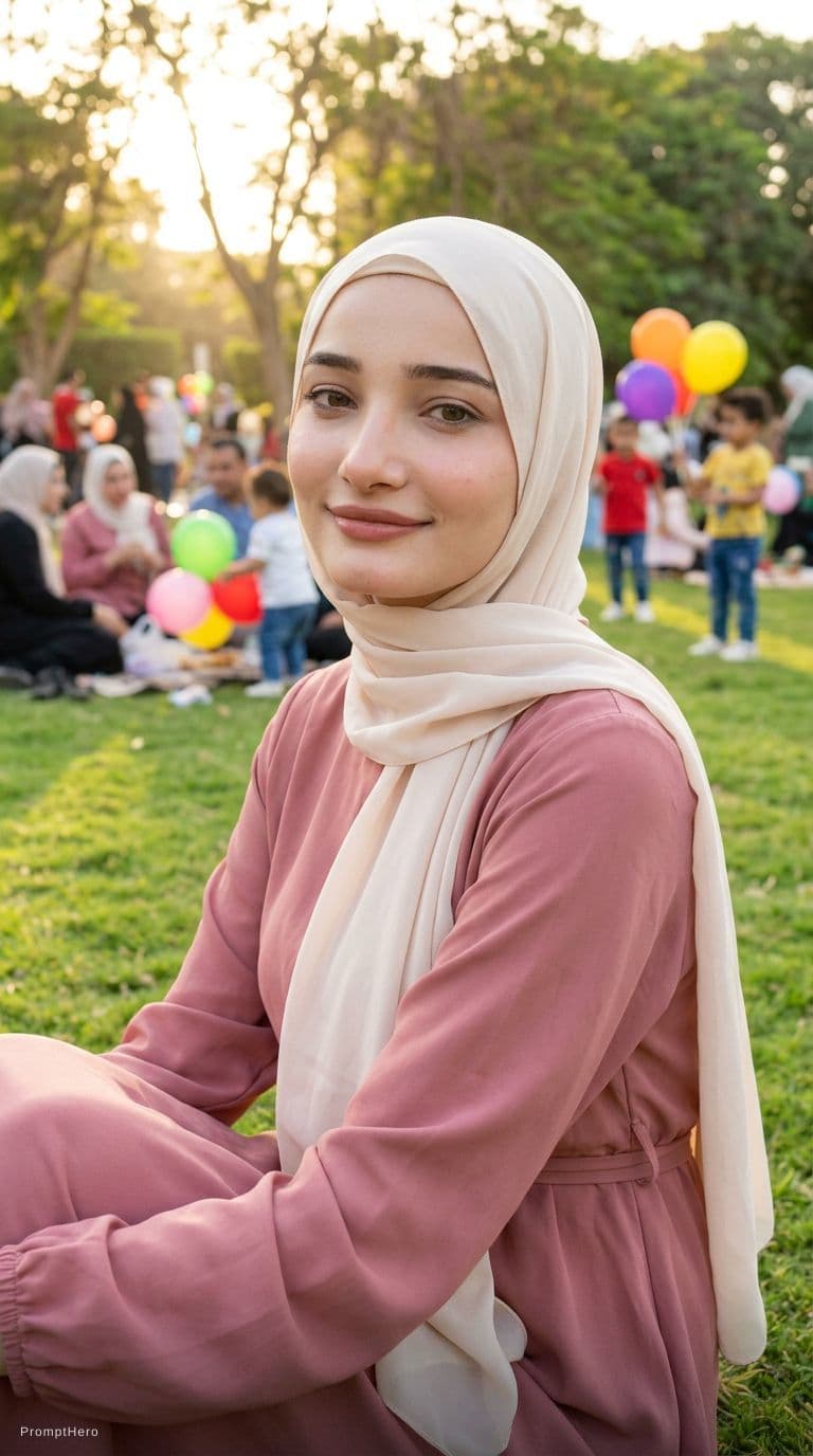 AI generated: A stunning 8K cinematic close-up portrait of a modest Egyptian girl sitting on grass in a public par...