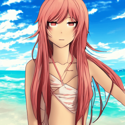 AI generated: Anime female, her name is Reze, she has a peach colored long hair, she is wearing a swimsuit, beach ...