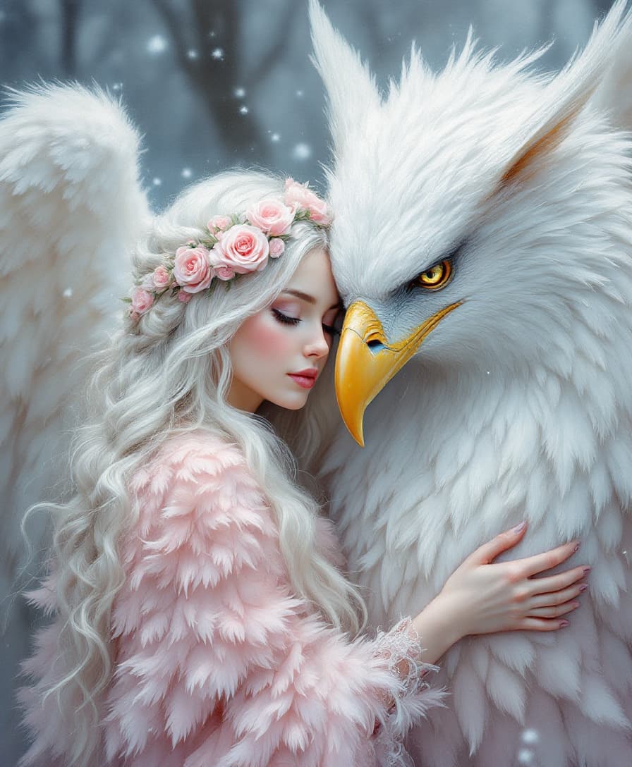 AI generated: A dreamy oil painting of a delicate ethereal woman with long white hair styled in a braid, wearing a...