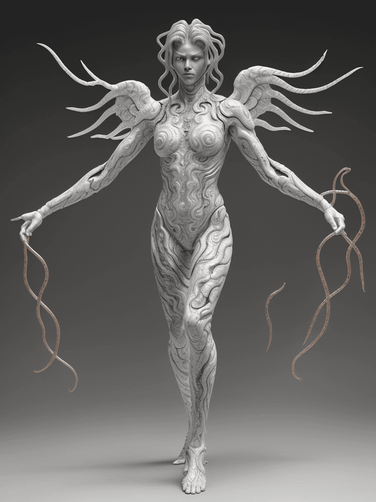 AI generated: Long shot full body medusa, The skin was stretched all over the body. It had chicken legs and iron w...